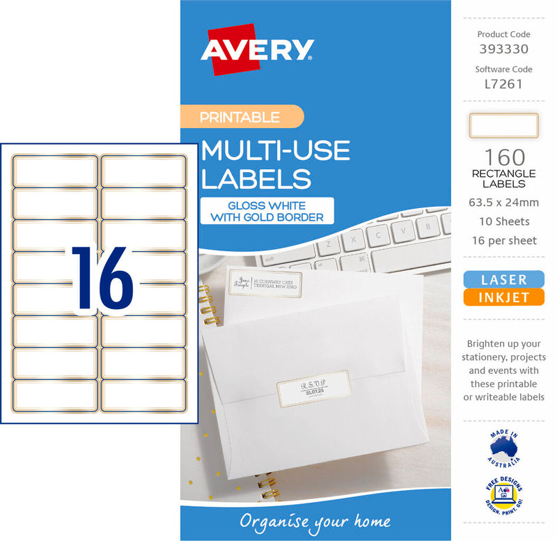 Avery Multi Use Labels With Gold Border 10 Pack 63.5x24mm Laser Inkjet 16UP