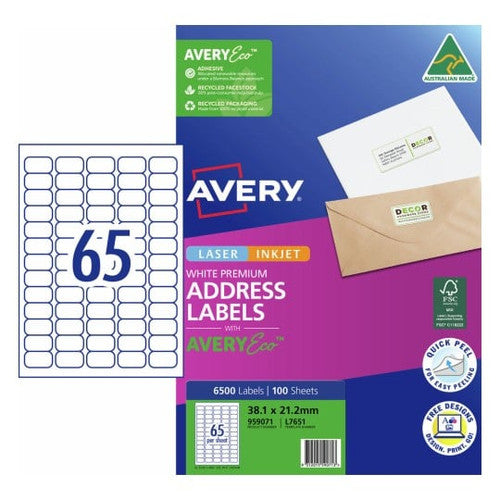 AveryEco Quick Peel Address Labels with Sure Feed L7651 6500 Pack 38.1 x 21.2mm Laser White 65UP
