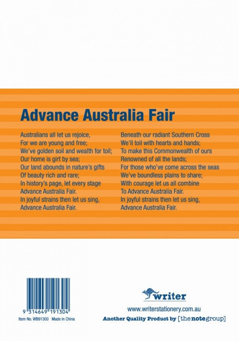 Back cover of a book with 'Advance Australia Fair' text and branding details.