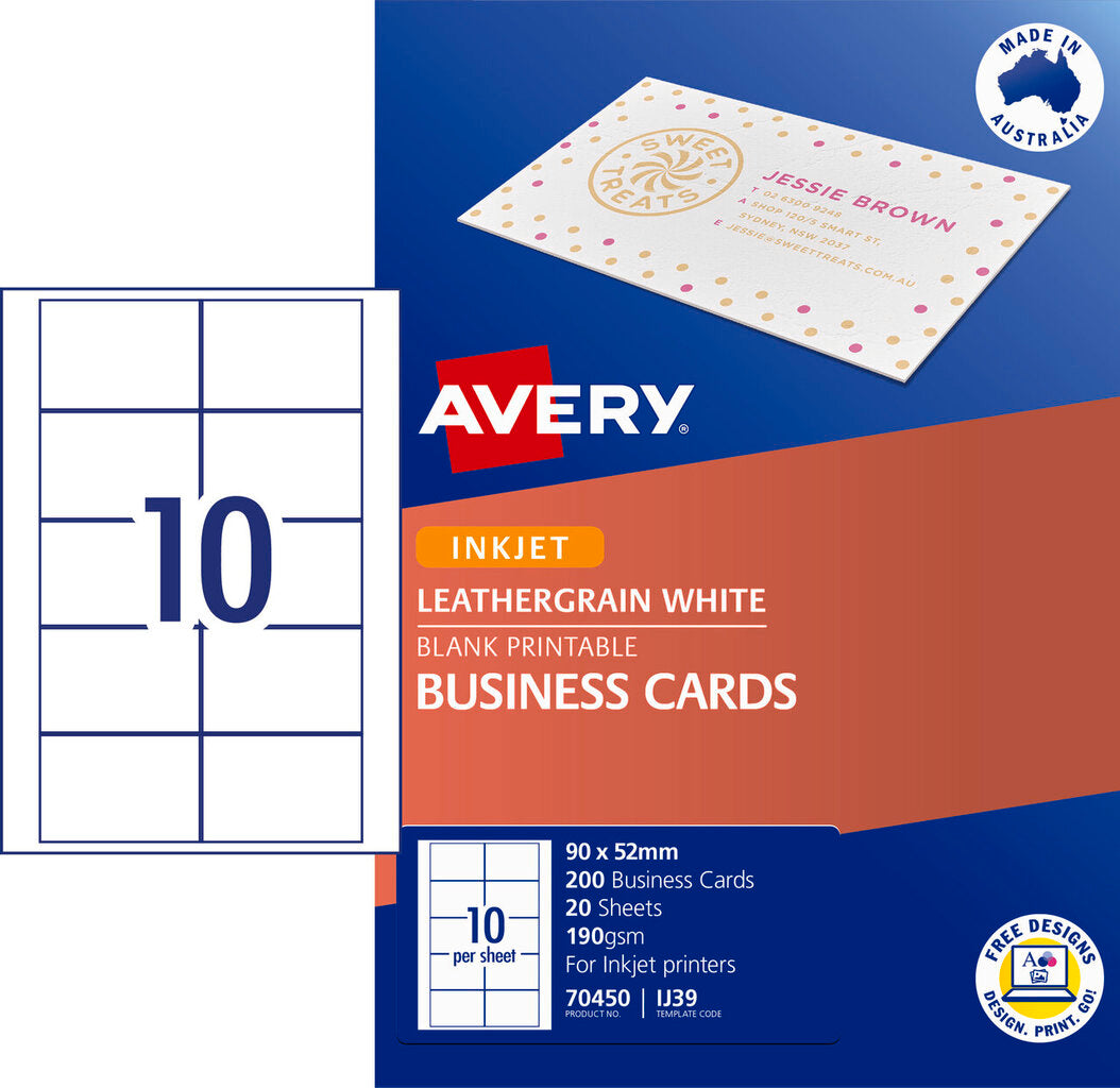 Avery Leathergrain White Micro-Perforated Inkjet Business Cards Matt 200gsm 10UP