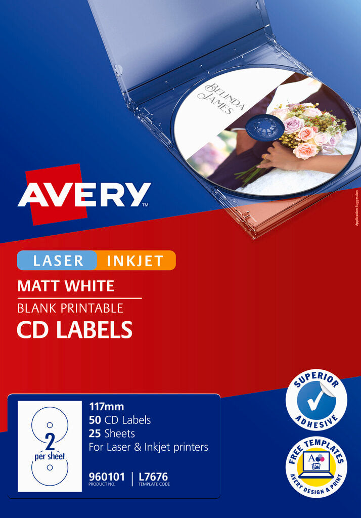 Avery White Full Face CD Labels L7676 50 Pack 117mm Diameter 2UP – view 2