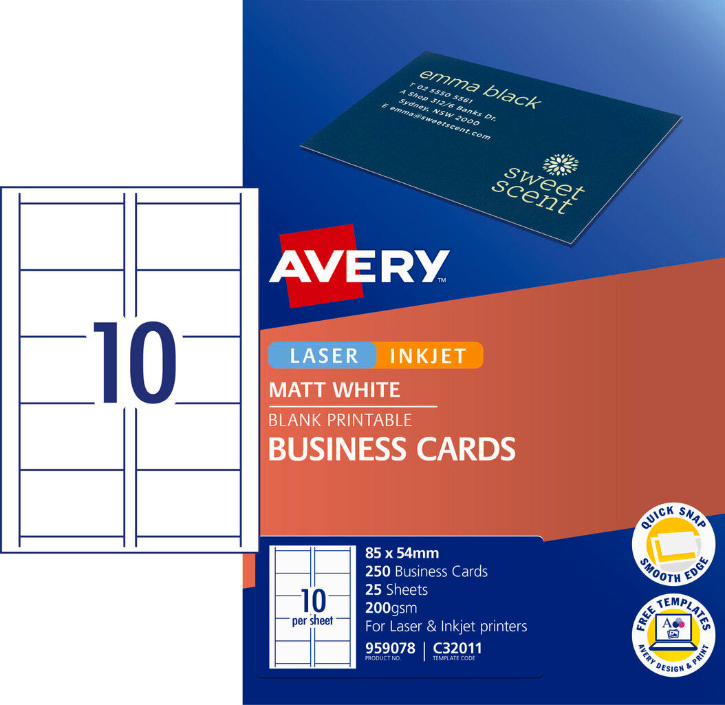 Avery White Quick and Clean Laser and Inkjet Business Card Matt 200gsm 10UP