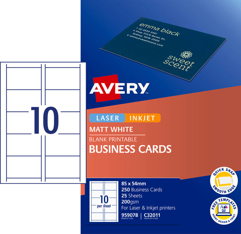 Avery White Quick and Clean Laser and Inkjet Business Card Matt 200gsm 10UP
