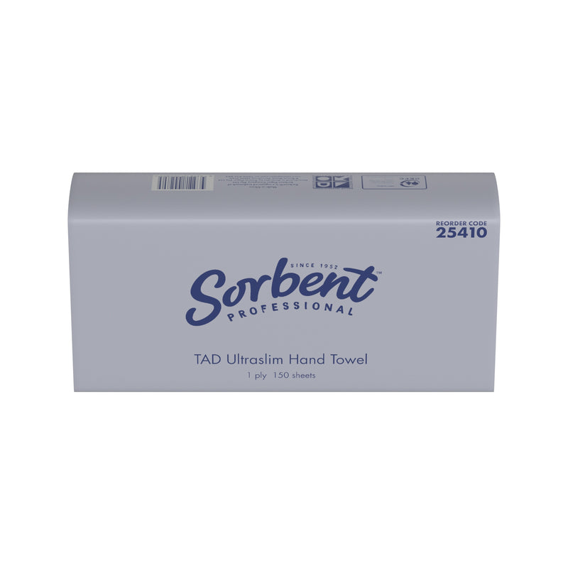 Sorbent Professional 25410 TAD Ultraslim Hand Towel pack in the new grey wrapper, front view printed reorder code 25410, 1 ply and 150 sheets