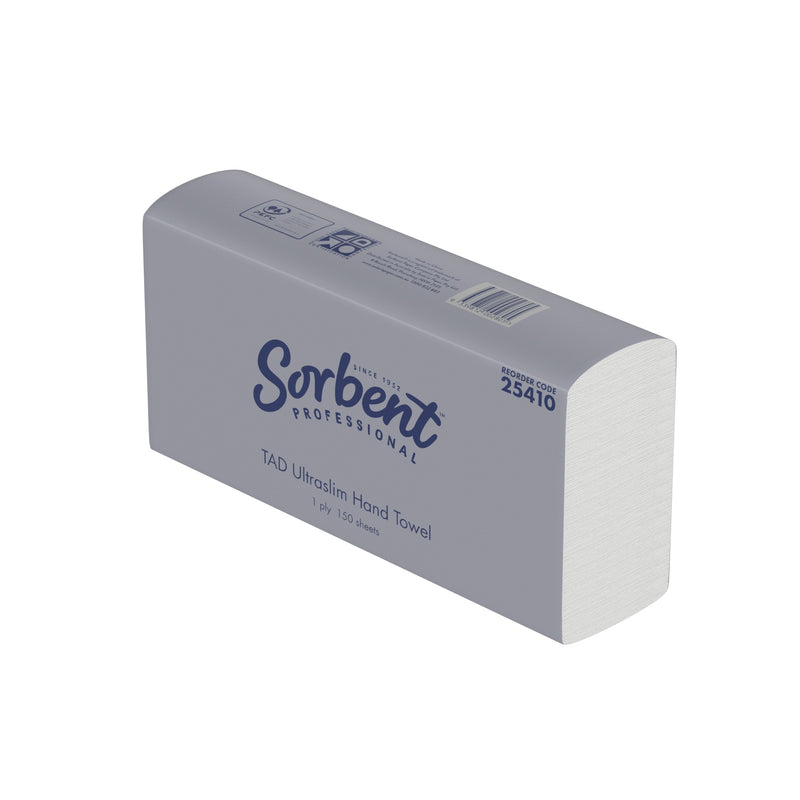Angled view of the grey Sorbent Professional TAD Ultraslim Hand Towel pack showing the folded towel stack at the open end