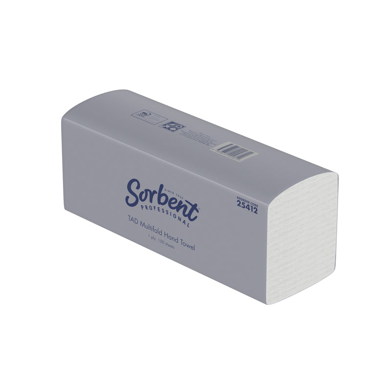 Angled view of the grey Sorbent Professional TAD Multifold Hand Towel pack with the folded towel stack visible at the open end
