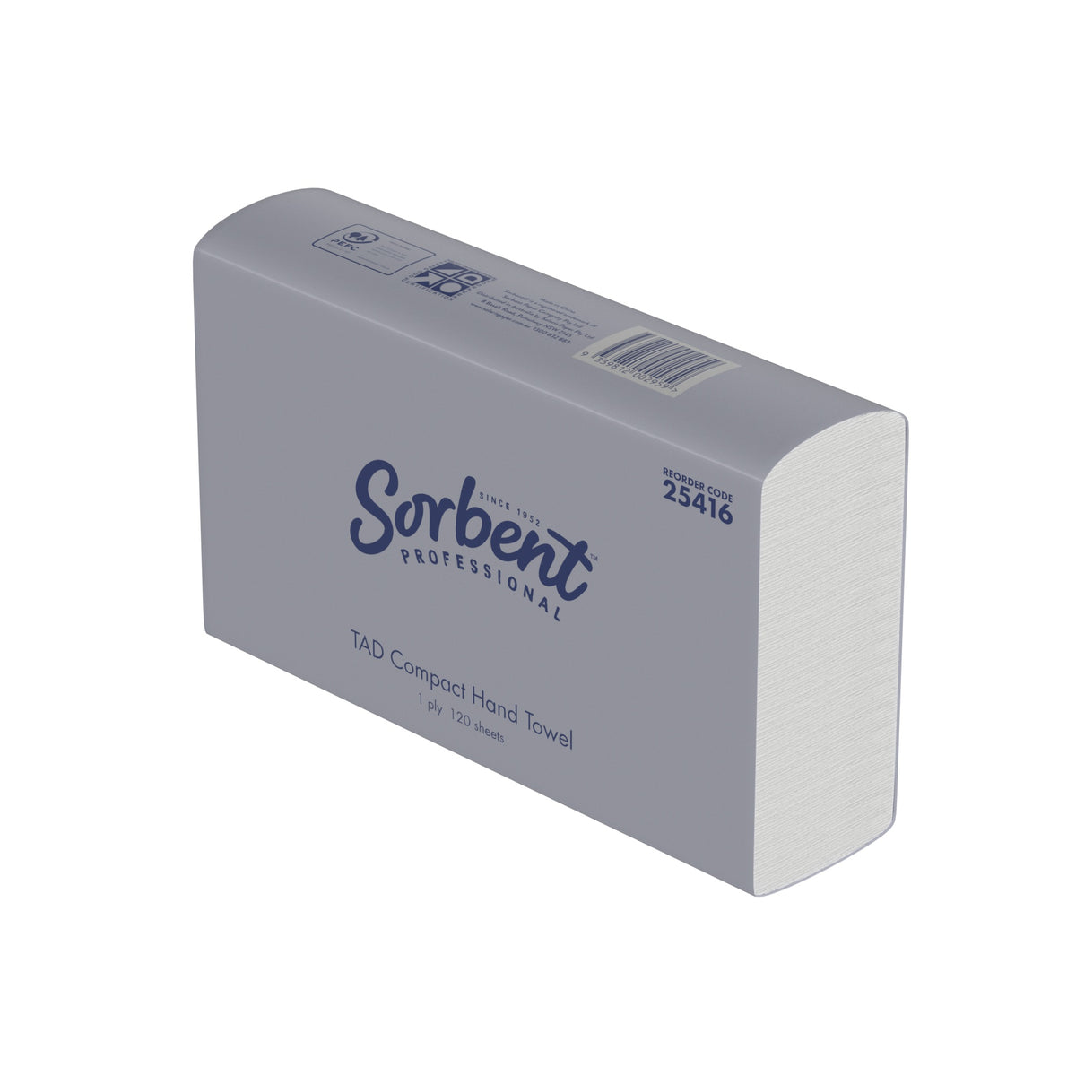 Angled view of the grey Sorbent Professional TAD Compact Hand Towel pack showing the folded towels at the open end