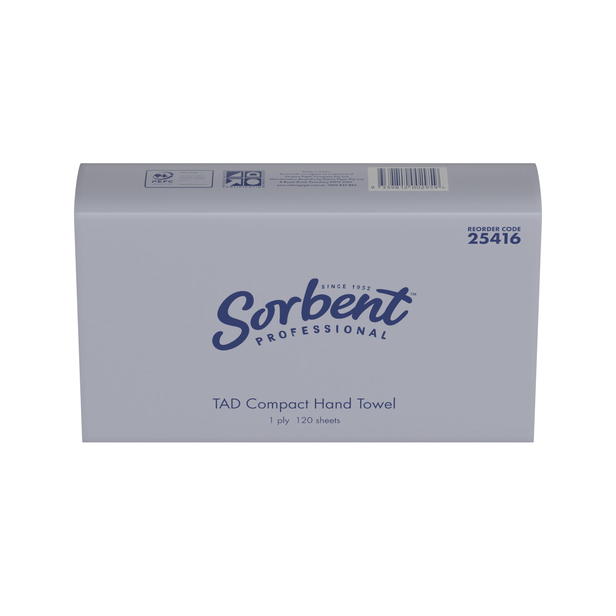 Sorbent Professional 25416 TAD Compact Hand Towel pack in the new grey wrapper, front view printed reorder code 25416, 1 ply and 120 sheets