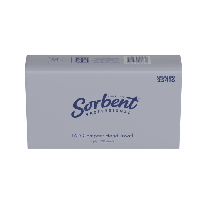 Sorbent Professional 25416 TAD Compact Hand Towel pack in the new grey wrapper, front view printed reorder code 25416, 1 ply and 120 sheets