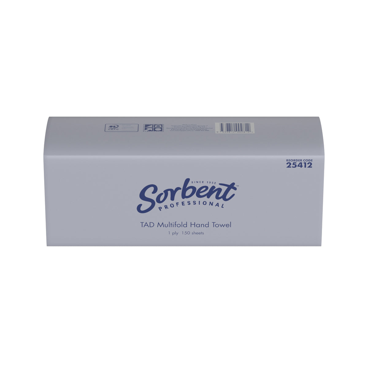 Sorbent Professional 25412 TAD Multifold Hand Towel pack in the new grey wrapper, front view printed reorder code 25412, 1 ply and 150 sheets