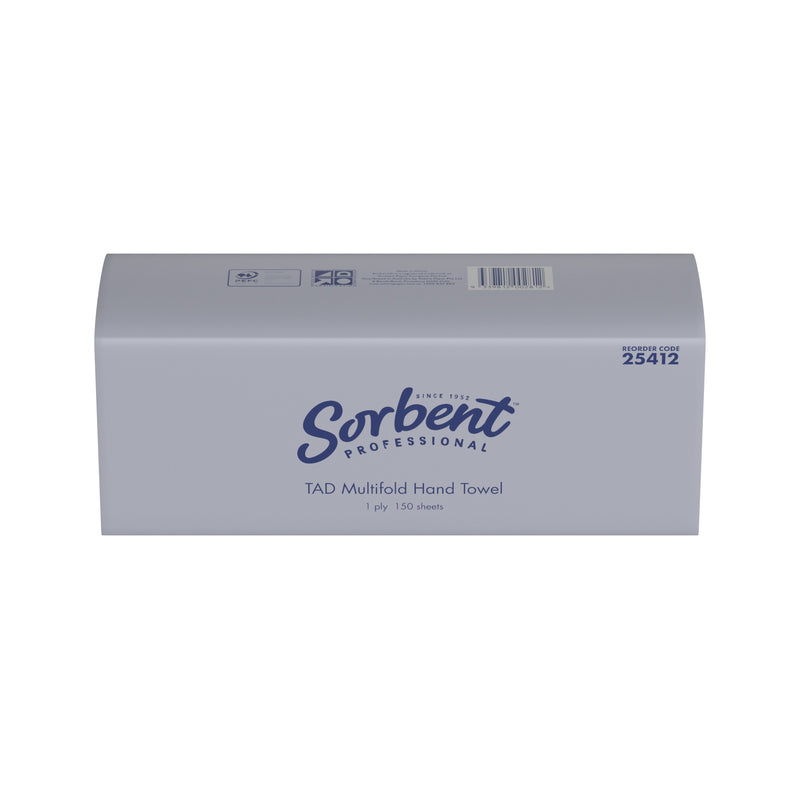 Sorbent Professional 25412 TAD Multifold Hand Towel pack in the new grey wrapper, front view printed reorder code 25412, 1 ply and 150 sheets
