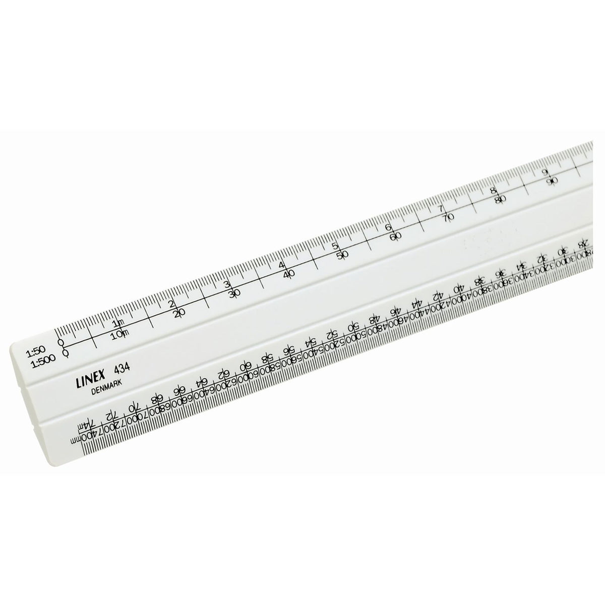 Close-up of the Linex 434 flat scale rule showing the 1:50 and 1:500 scales