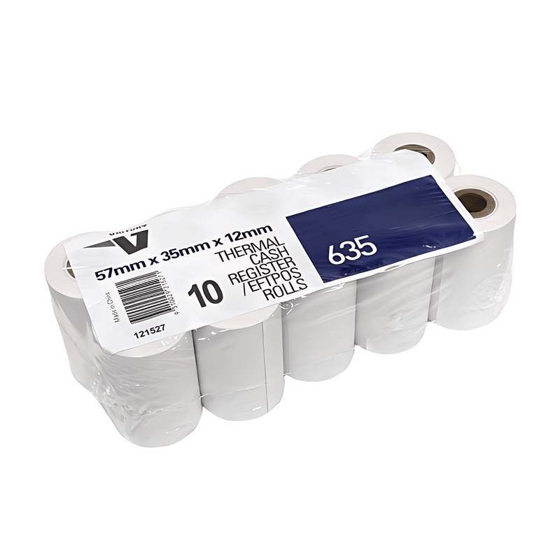 Hamelin Brands photograph of a Victory pack of ten thermal cash register and EFTPOS rolls labelled 121527, roll number 635, size 57mm x 35mm x 12mm