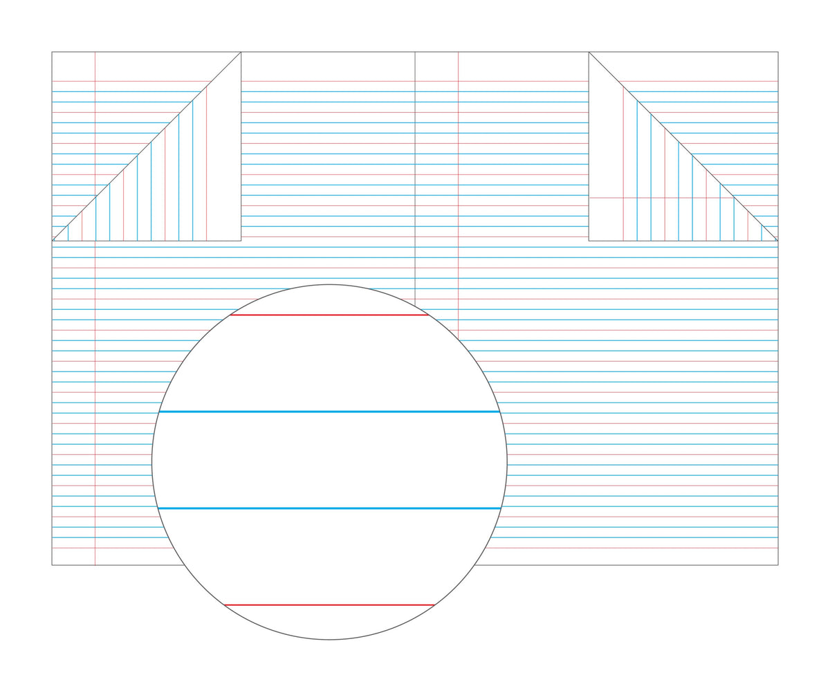Ruling diagram for the Olympic Year 2 exercise book, reference 140746, showing blue writing lines between red guide lines, a red margin and a magnified detail circle