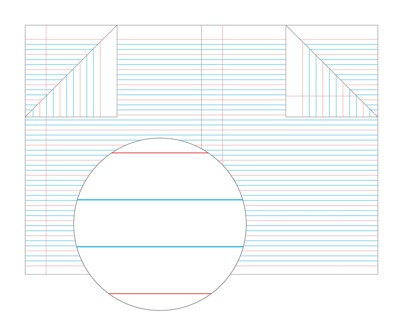 Ruling diagram for the Olympic Year 2 exercise book, reference 140746, showing blue writing lines between red guide lines, a red margin and a magnified detail circle