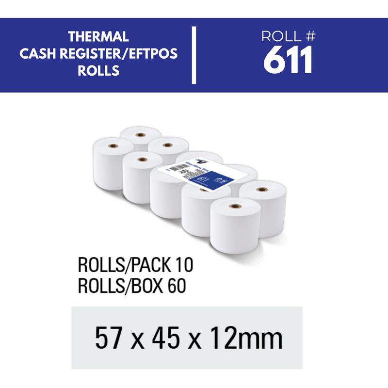 Hamelin Brands graphic for Victory thermal cash register and EFTPOS roll 611 showing ten rolls with Rolls/Pack 10, Rolls/Box 60 and 57 x 45 x 12mm