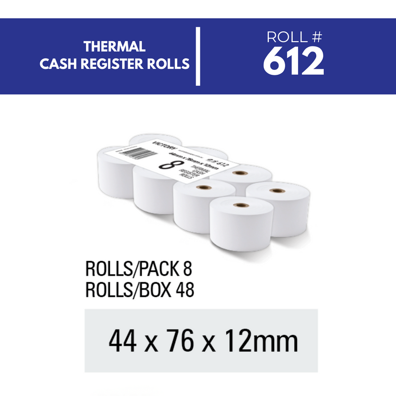 Hamelin Brands graphic for Victory thermal cash register roll 612 showing a pack of eight with Rolls/Pack 8, Rolls/Box 48 and 44 x 76 x 12mm