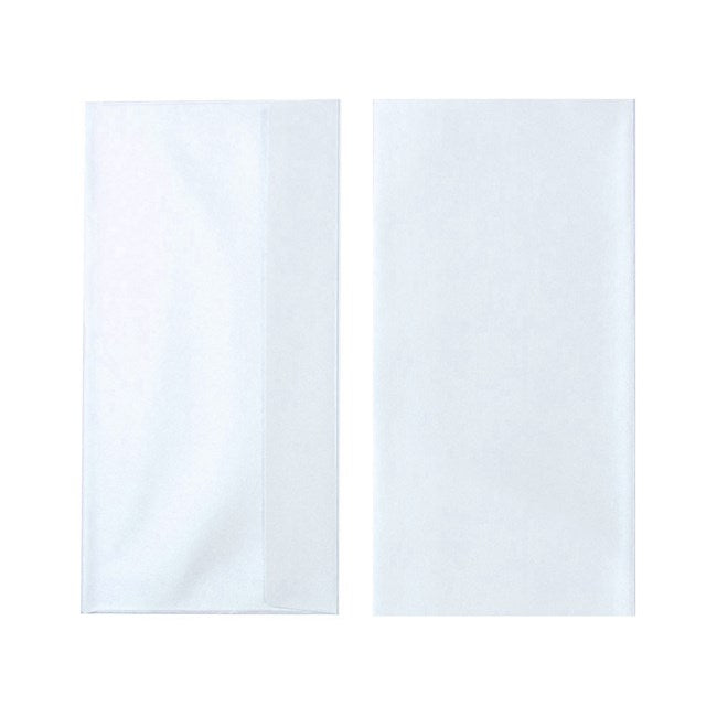 Two Quill Metallique 120gsm DL envelopes in Peridot on a white background, one showing the back and flap and one the plain front