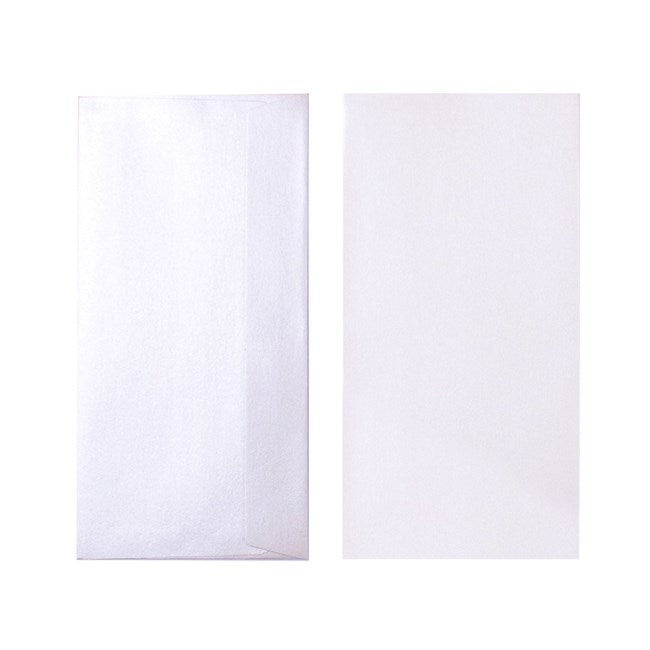 Two Quill Metallique DL envelopes in Mother of Pearl on a white background, one showing the back with its flap and one the plain front