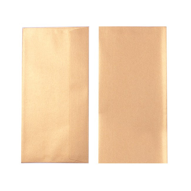 Two Quill Metallique DL envelopes in Autumn Gold on a white background, one showing the back with its flap and one the plain front