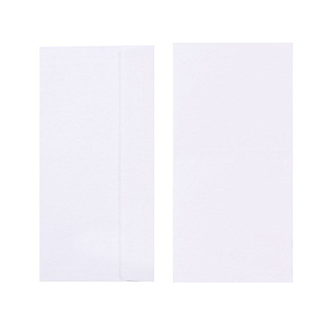 Two Quill Parchment 90gsm DL envelopes in White Ivory on a white background, one showing the back with its flap and one the plain front