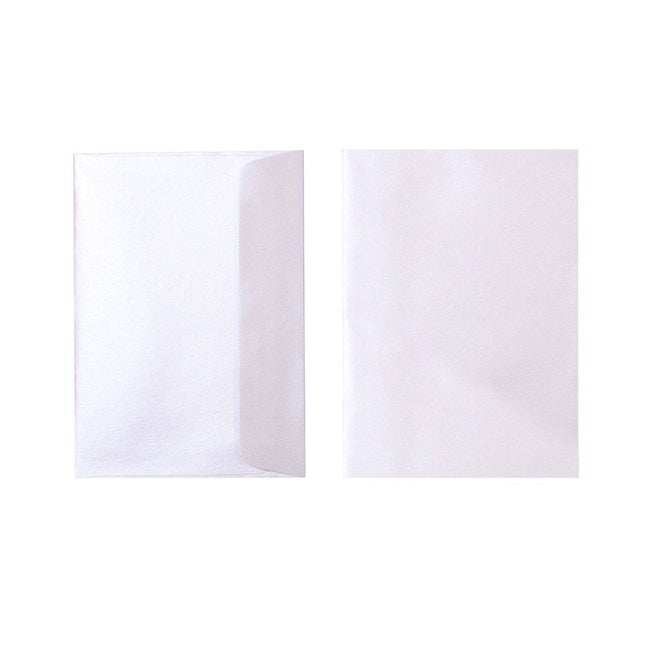 Two Quill Metallique 120gsm C6 envelopes in Mother of Pearl on a white background, one turned to show the flap side and one showing the plain front