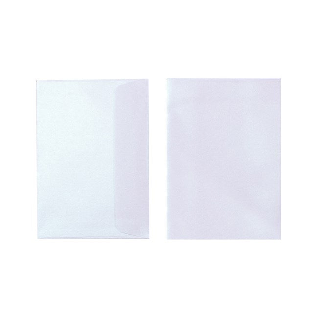 Two Quill Metallique 120gsm C6 envelopes in Peridot on a white background, one turned to show the flap side and one showing the plain front
