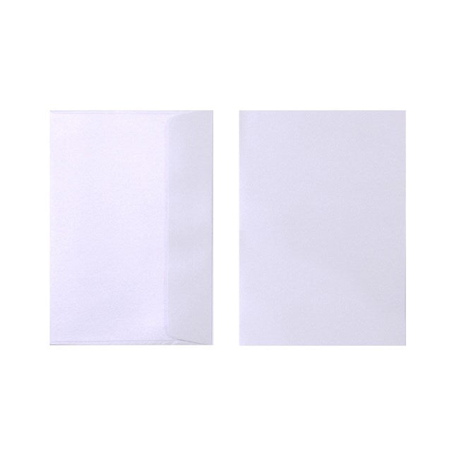 Two Quill Metallique 120gsm C6 envelopes in Moonstone on a white background, one turned to show the flap side and one showing the plain front