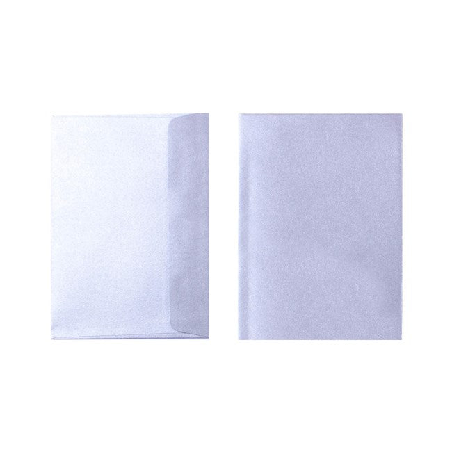 Two Quill Metallique 120gsm C6 envelopes in Silver Shadow on a white background, one turned to show the flap side and one showing the plain front