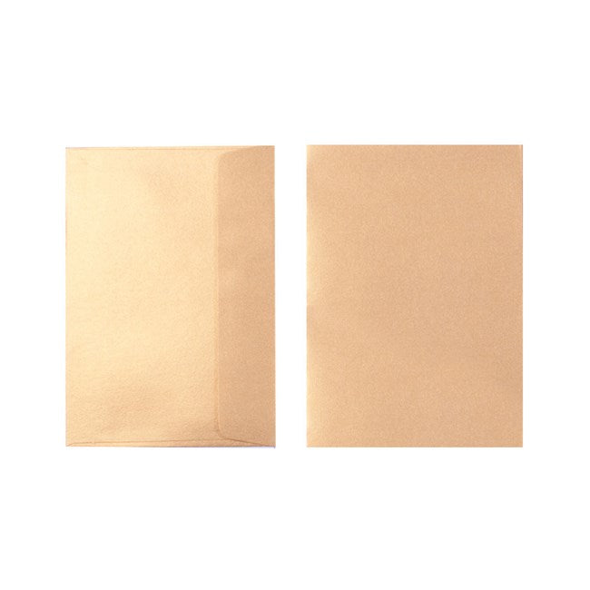 Two Quill Metallique 120gsm C6 envelopes in Autumn Gold on a white background, one turned to show the flap side and one showing the plain front