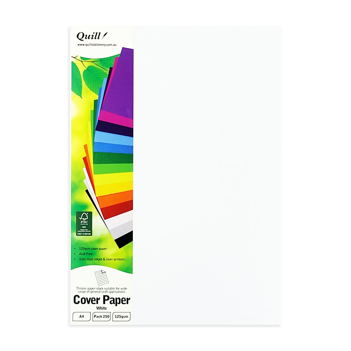 Quill Cover Paper A4 white pack in portrait, the header card marked Cover Paper White with A4, Pack 250 and 125gsm boxes at the foot