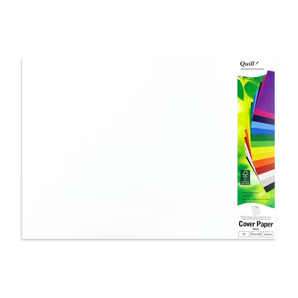 Quill Cover Paper A3 white pack in landscape with the Cover Paper header card on the right, marked A3, Pack 250 and 125gsm
