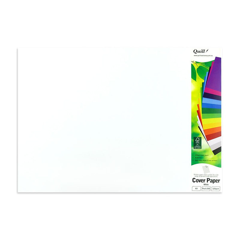 Quill Cover Paper A3 white pack in landscape with the Cover Paper header card on the right, marked A3, Pack 250 and 125gsm