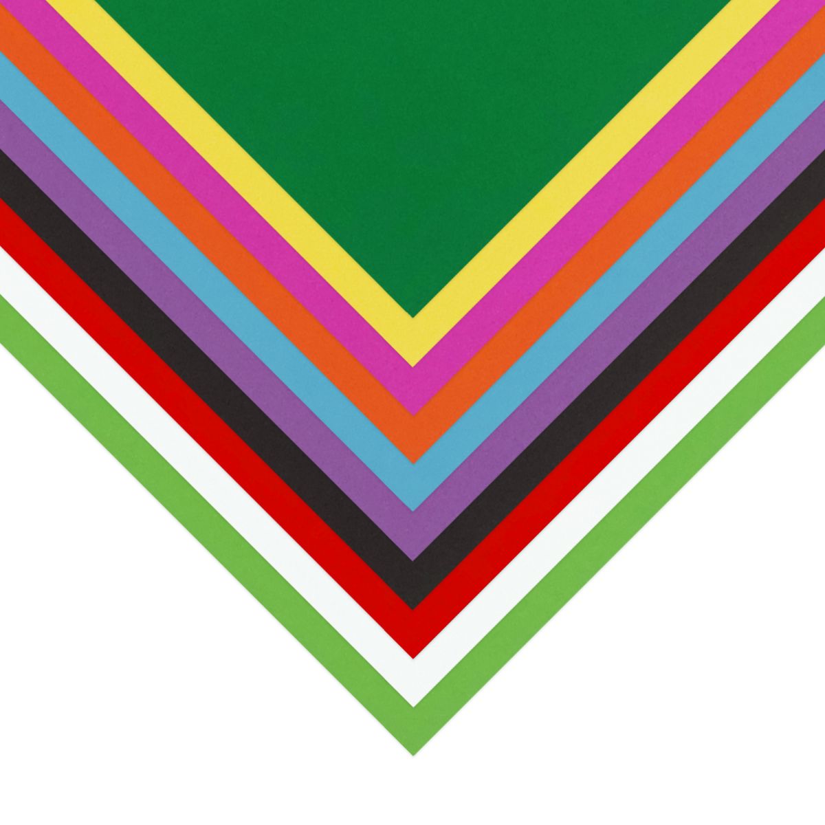 Quill A4 assorted cover paper sheets layered in a V, showing green, yellow, pink, orange, blue, purple, black, red, white and lime edges