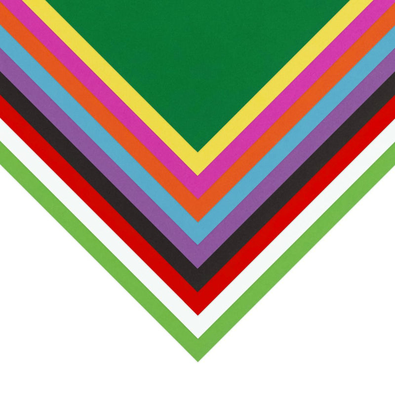 Quill A4 assorted cover paper sheets layered in a V, showing green, yellow, pink, orange, blue, purple, black, red, white and lime edges