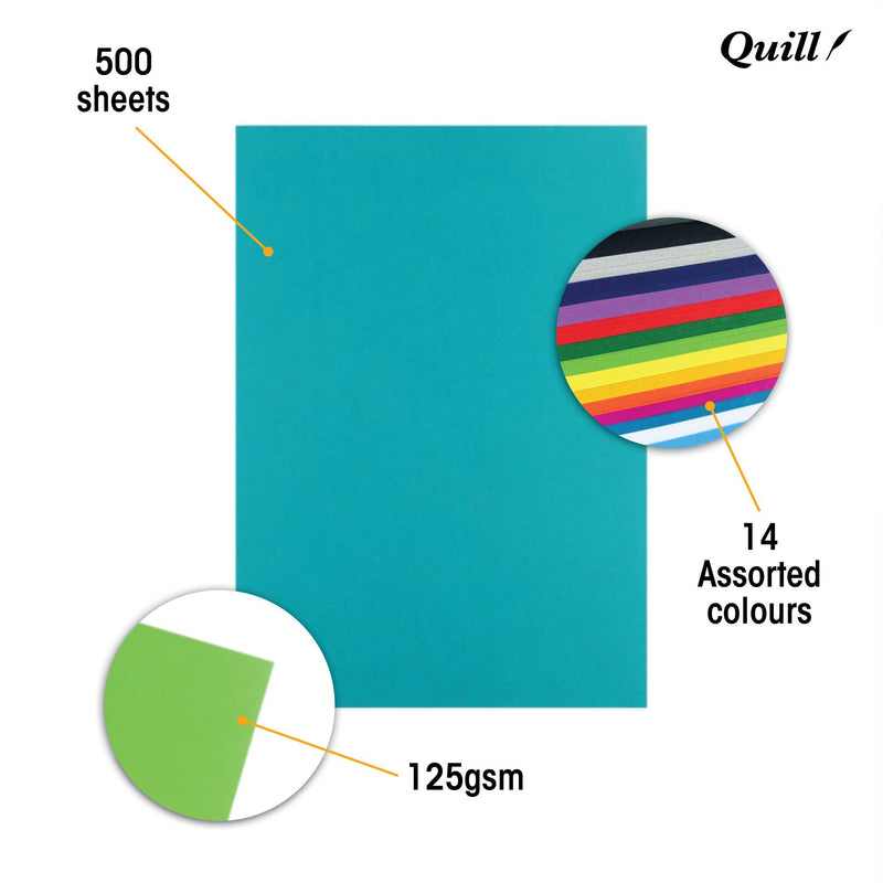 Quill A4 assorted cover paper graphic with callouts for 500 sheets, assorted colours and 125gsm, showing a turquoise sheet and a ring of colour swatches