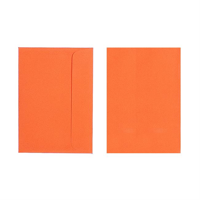 Two Quill 80gsm C6 envelopes in Orange on a white background, one turned to show the flap side and one showing the plain front