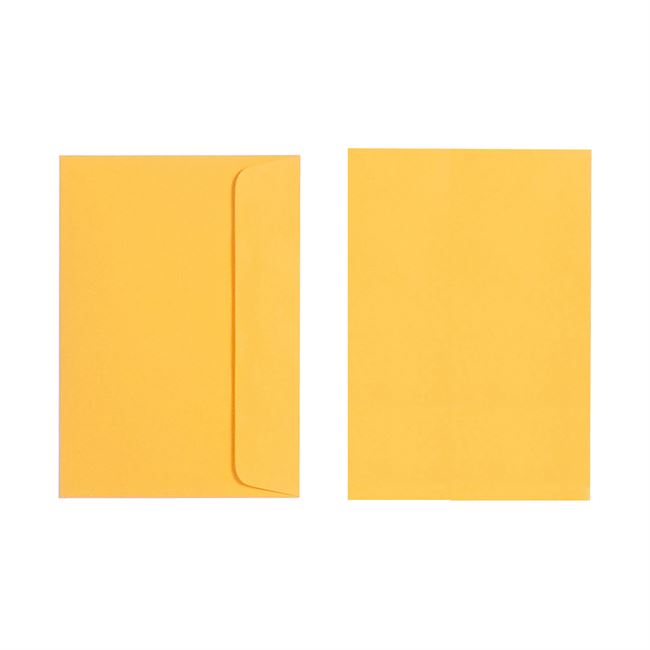 Two Quill 80gsm C6 envelopes in Sunshine on a white background, one turned to show the flap side and one showing the plain front