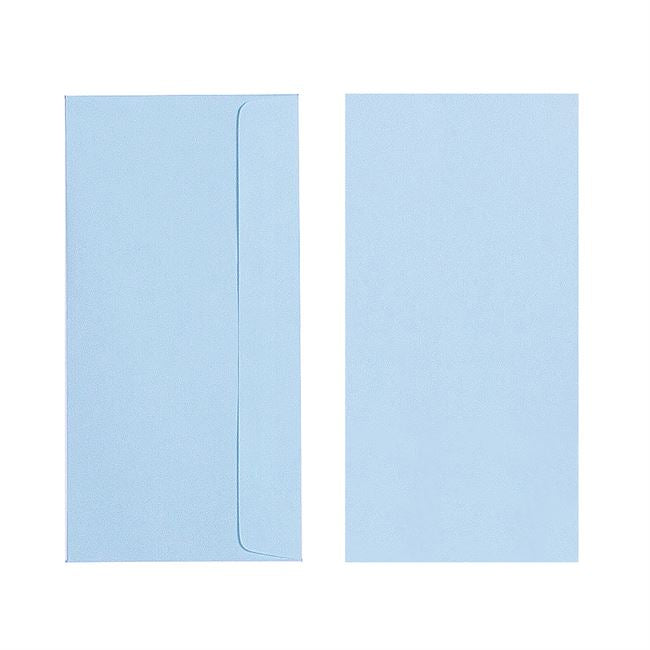 Two Quill 80gsm DL envelopes in Powder Blue on a white background, one showing the back and flap and one showing the plain front