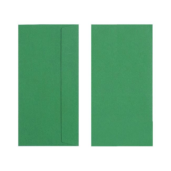 Two Quill 80gsm DL envelopes in Emerald on a white background, one showing the back and flap and one showing the plain front