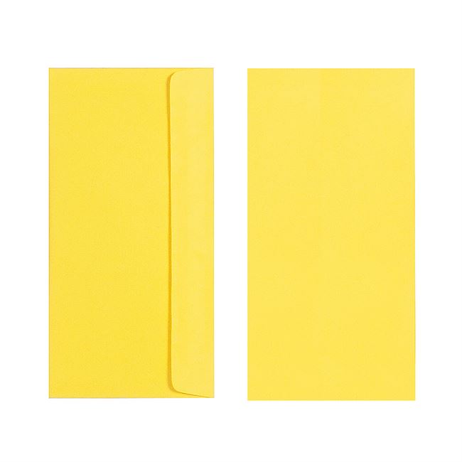 Two Quill 80gsm DL envelopes in Lemon on a white background, one showing the back and flap and one showing the plain front