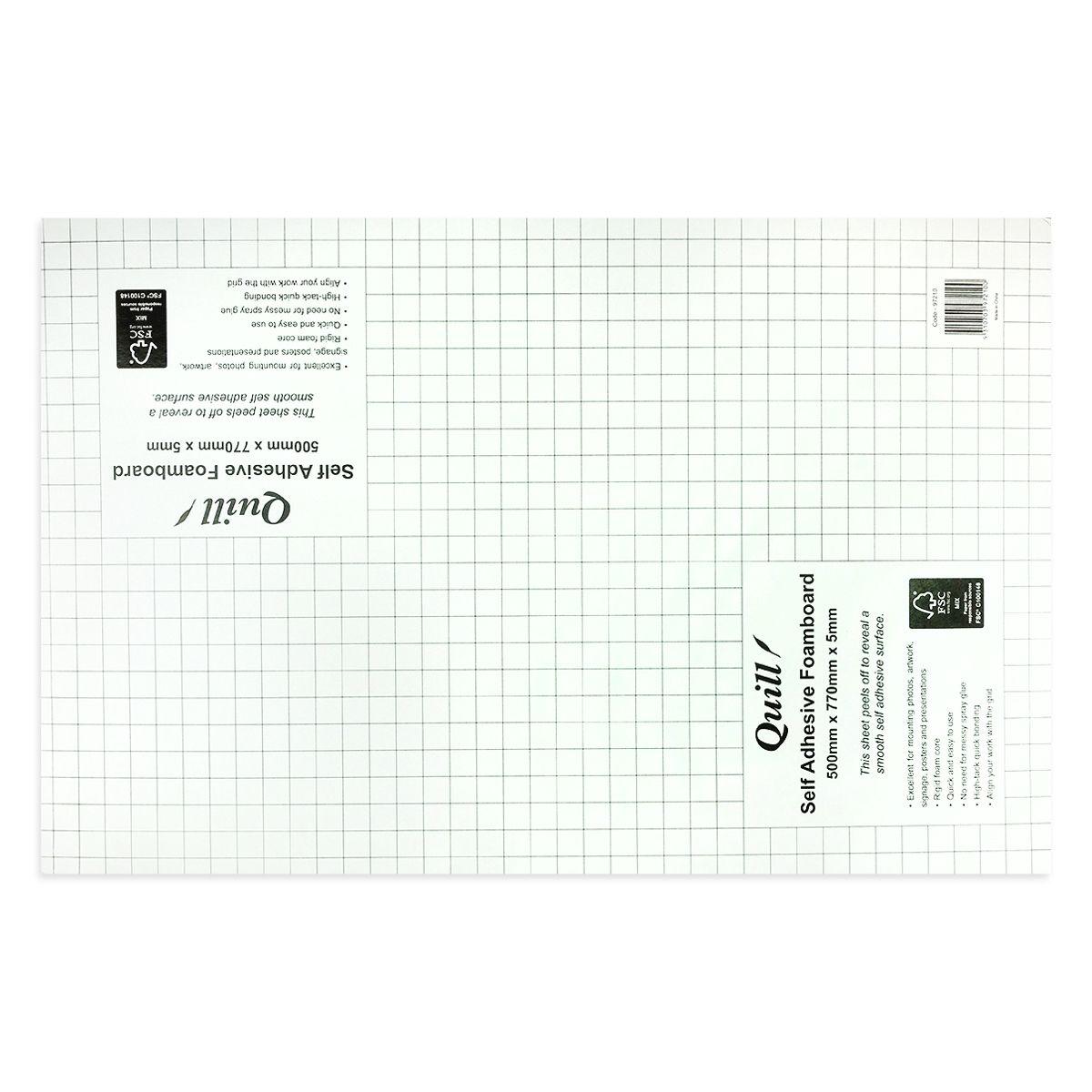 Quill Self Adhesive Foam Board 500 x 770mm showing the green gridded top sheet and two Quill labels listing the board size