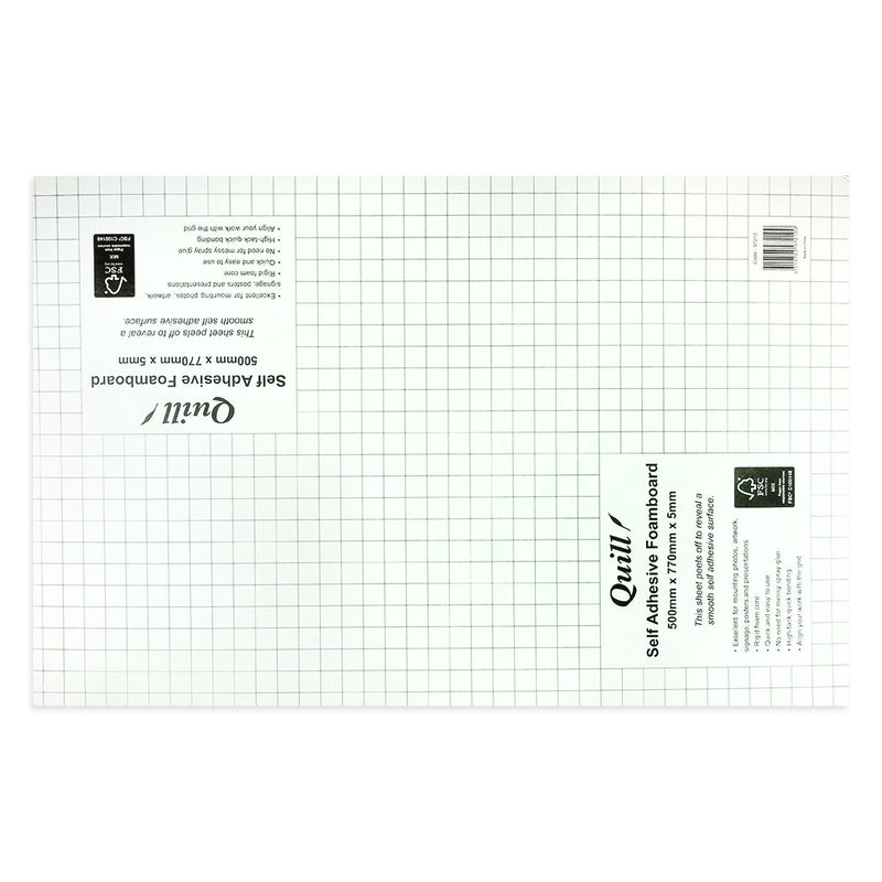Quill Self Adhesive Foam Board 500 x 770mm showing the green gridded top sheet and two Quill labels listing the board size