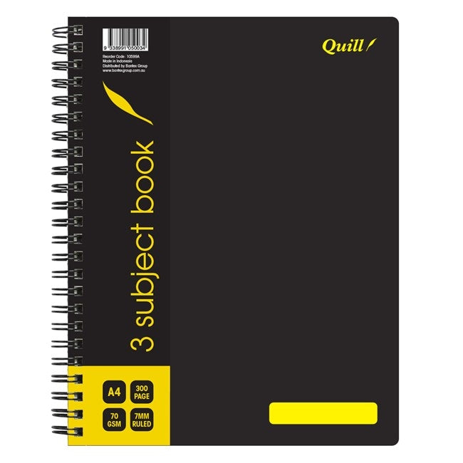 Quill Q Series 3 subject book A4 with a black PP cover, yellow quill design and side spiral binding, sold as a pack of 5