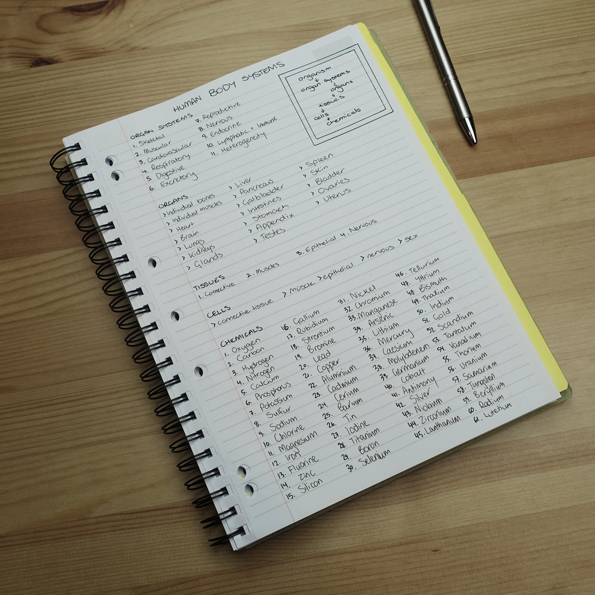 Quill Q Series 3 subject book open to a ruled page of handwritten notes, beside a pen
