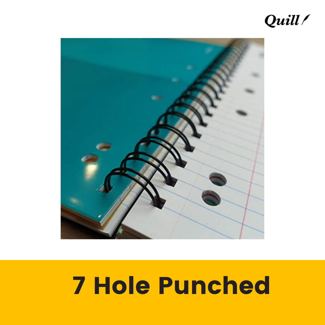 Close-up of the punched holes and spiral of a Quill subject book above a yellow 7 Hole Punched banner