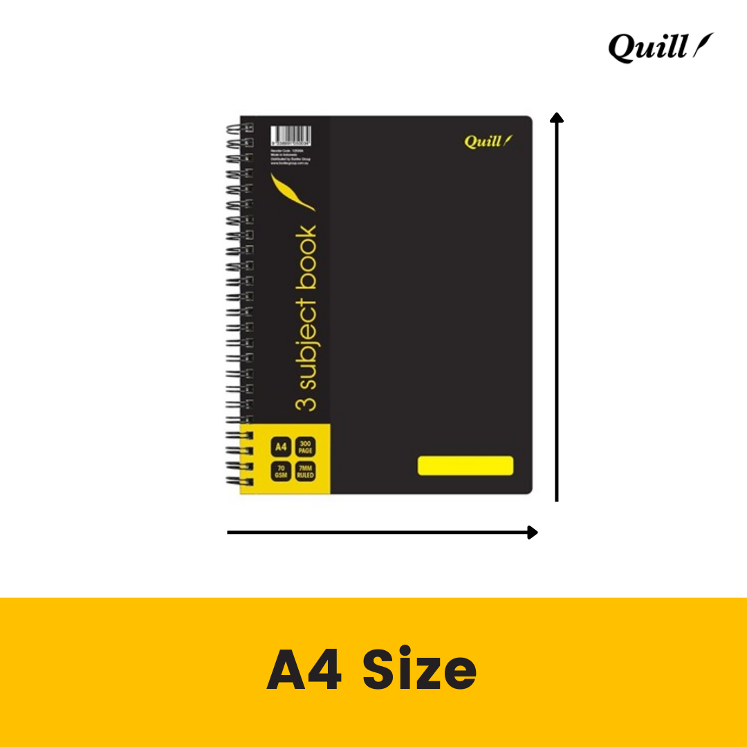 Quill Q Series 3 subject book with height and width arrows and a yellow A4 Size banner