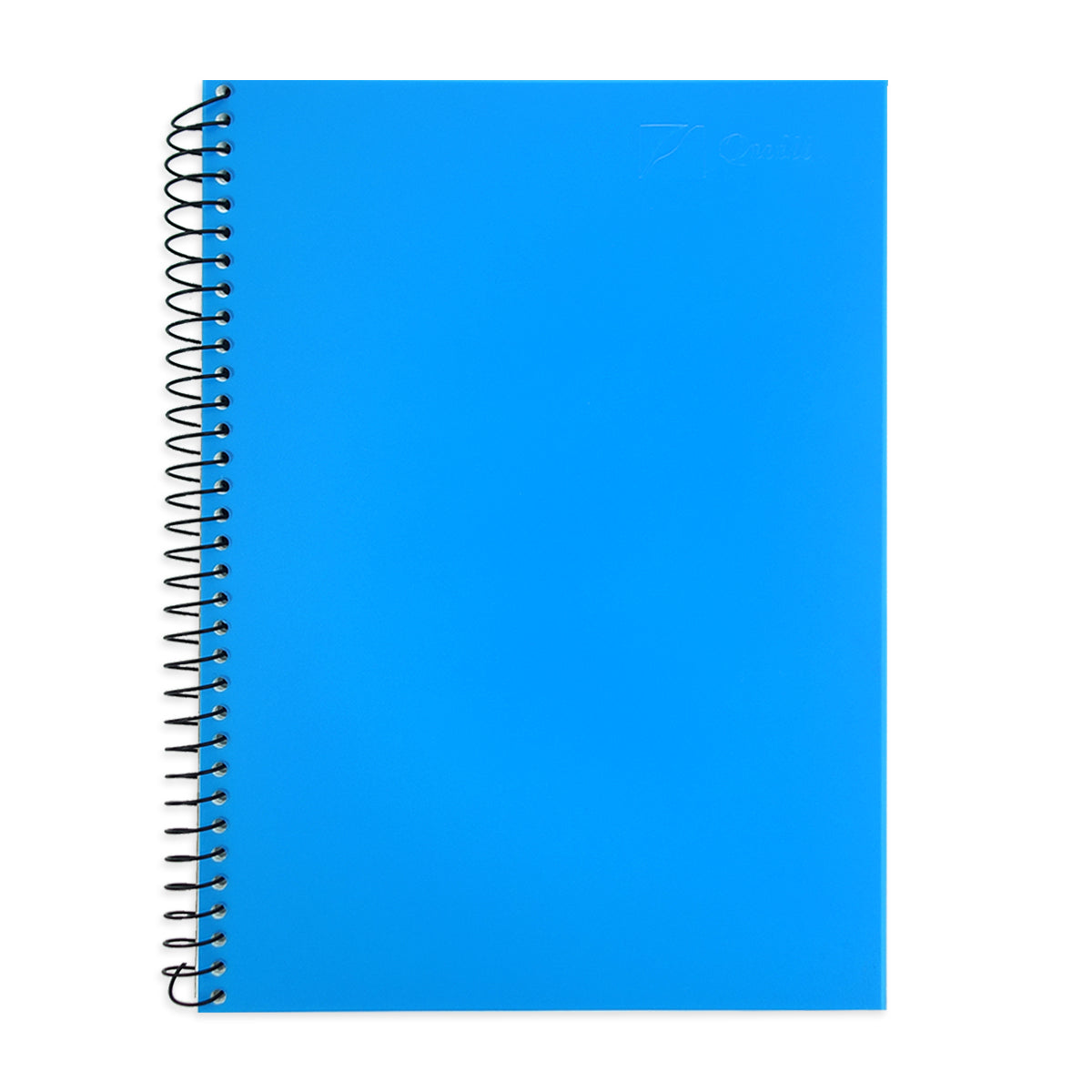Front view of the Quill Visual Art Diary A4 in Marine Blue showing the plain blue polypropylene cover and full length black spiral binding