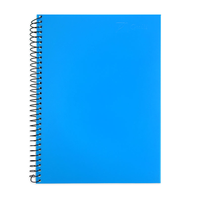 Front view of the Quill Visual Art Diary A4 in Marine Blue showing the plain blue polypropylene cover and full length black spiral binding