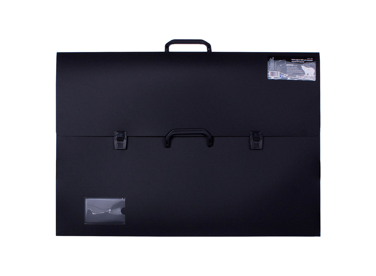 Foldermate A2 artist portfolio in black, front view with top and front handles, two press clips, card holder and pack label